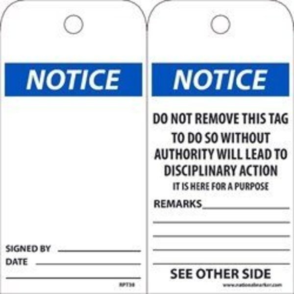 TAGS, NOTICE, 25PK, 6X3, 010, Nmc, Mfr#: RPT38ST